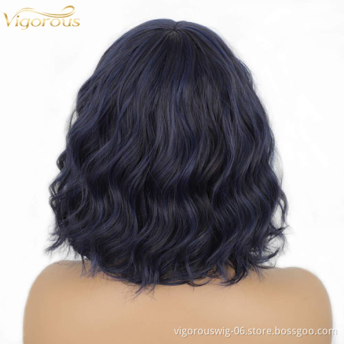 Short Bob Wavy Wigs With Bangs Mixed Navy Blue Curly Wigs For Women Natural Looking Synthetic Heat Resistant Fiber Wig For Daily